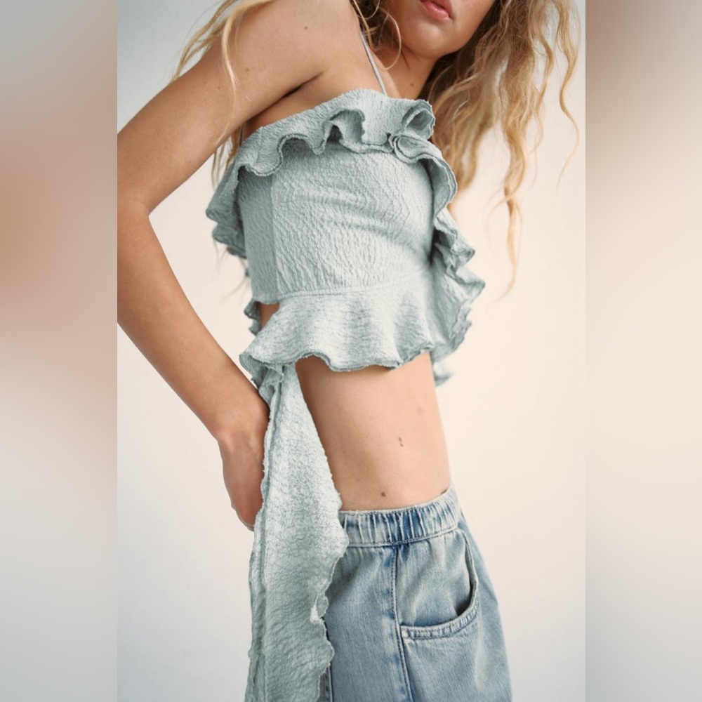 Zara NWT Ruffled Textured Crop Top Sea Green Women’s Size Small - Picture 4 of 7